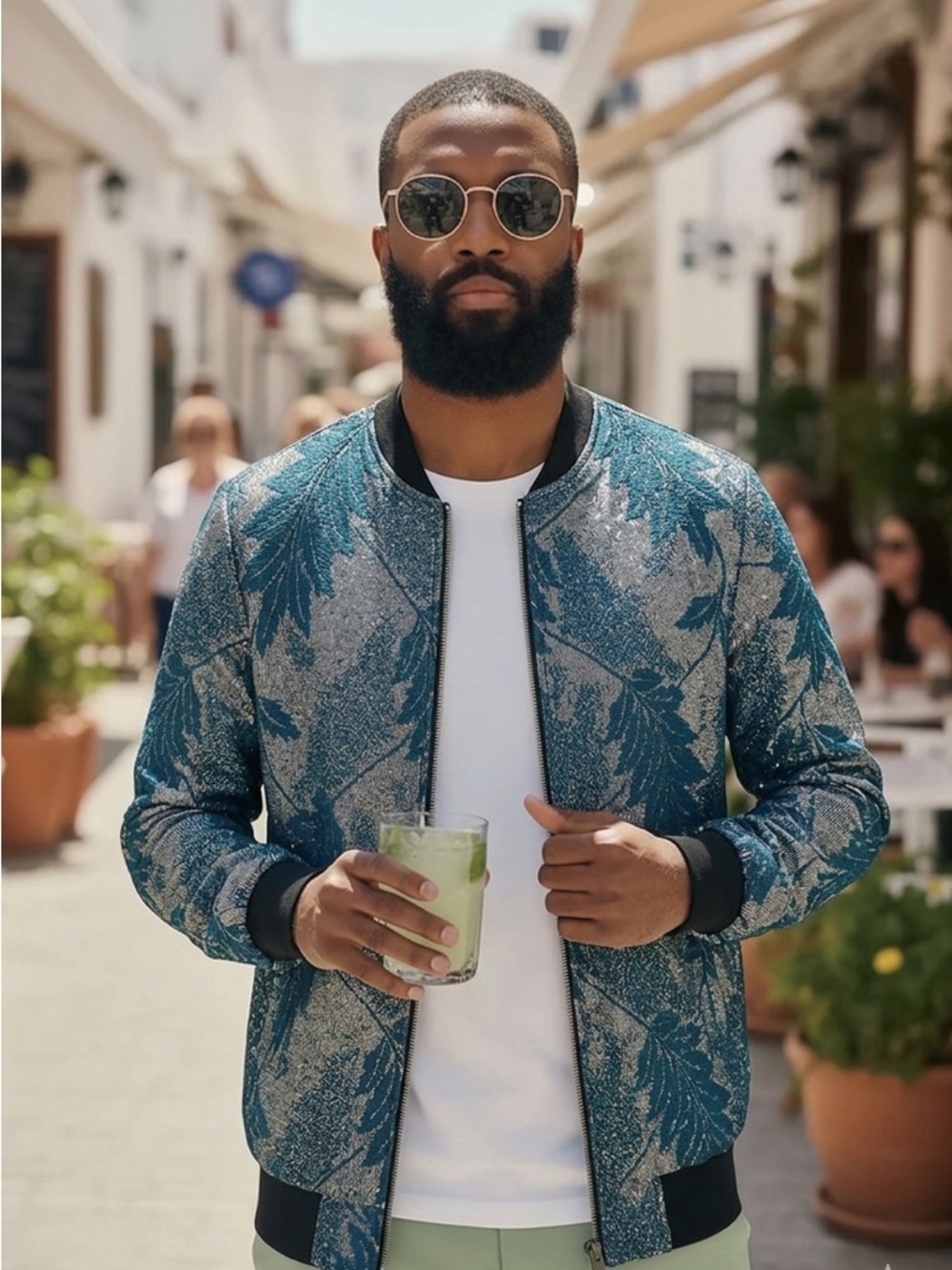 BARABAS Metallic Blue & Silver Floral Jacquard Bomber Zip Up Jacket - Size Small